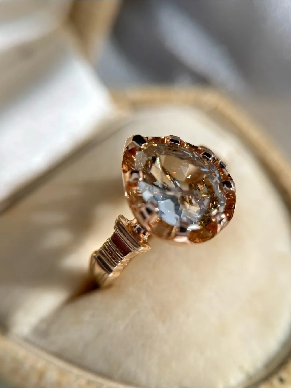 2.14 carat GIA Fancy Yellow-Brown Antique Cut Pear Natural Diamond Ring